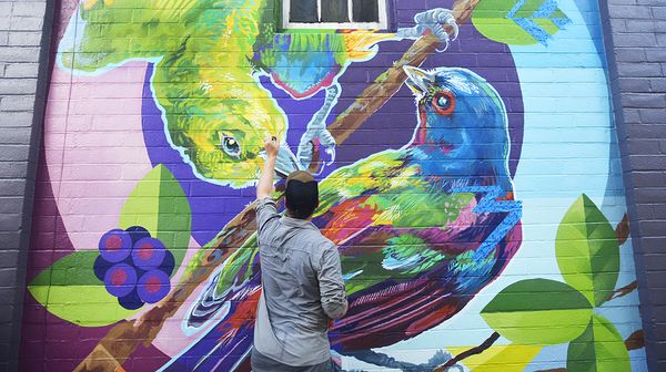 Christian Stanley works on his mural in Thornton Park before Orlando Mural Festival.
